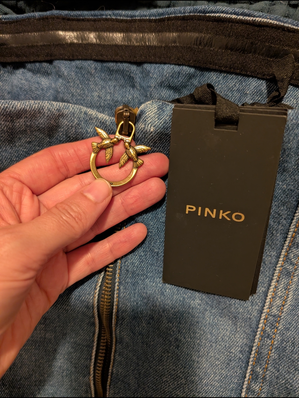 PINKO Denim Corset with Gold Bird Ring Accent